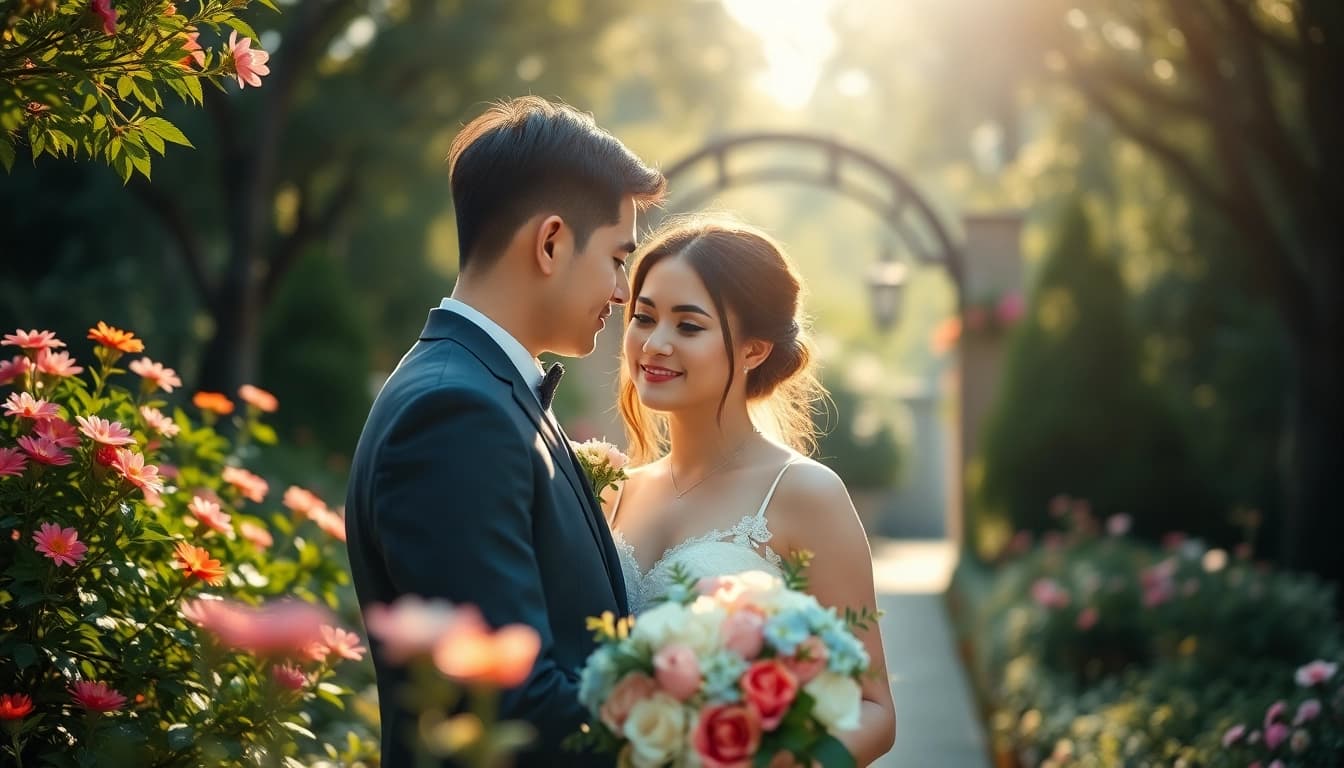 Capture of a small wedding photographer documenting a couple's love in a serene garden.