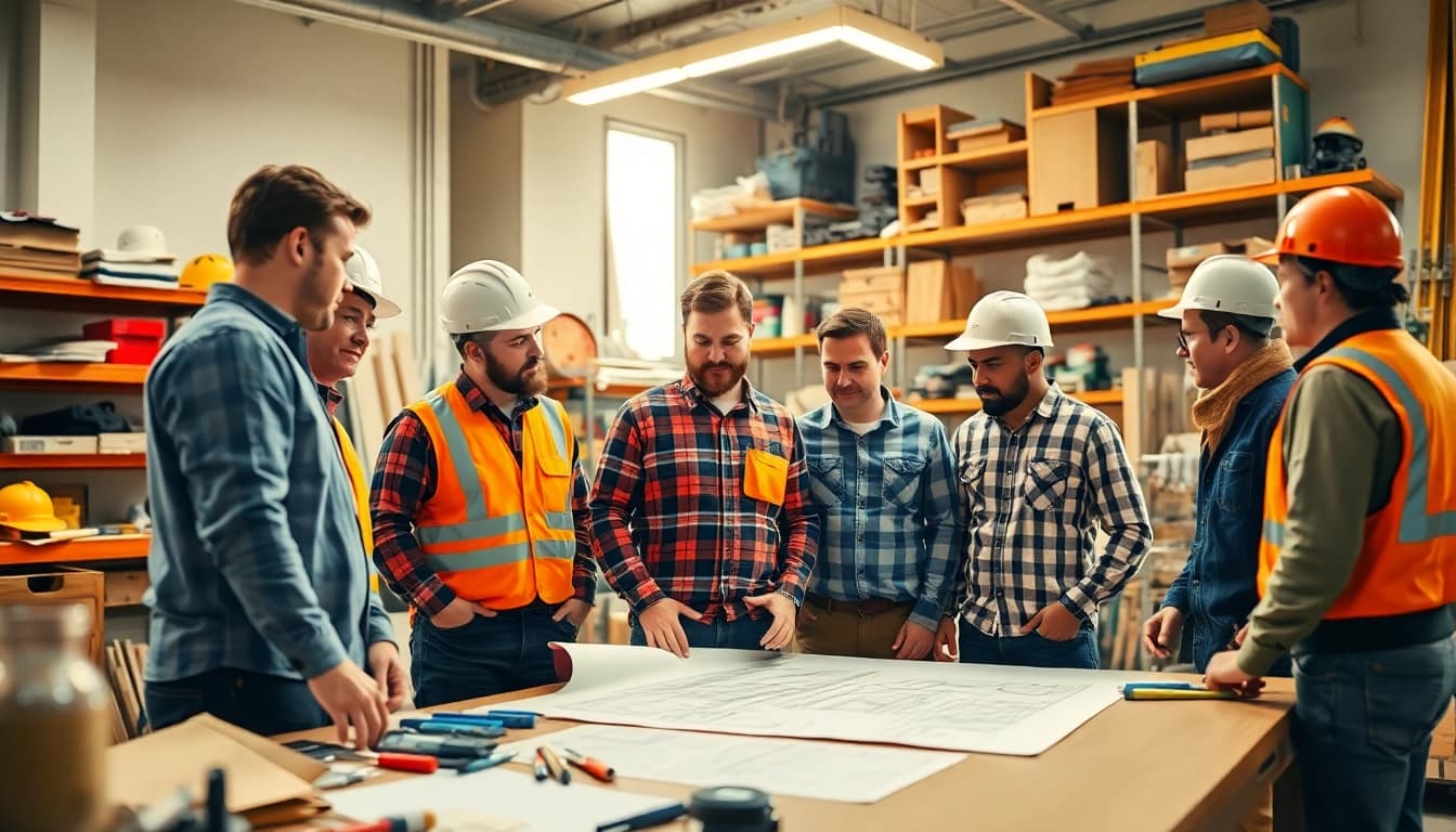 Engaged team members of an open shop contractor association collaborating on construction plans.