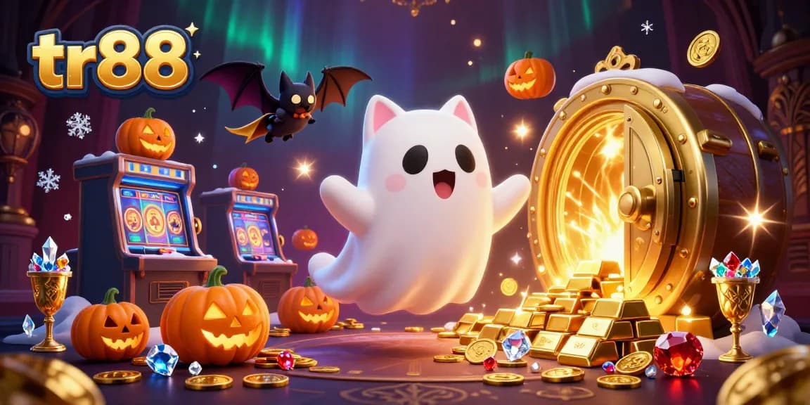 Win big with tr88 in this vibrant haunted casino scene, showcasing playful characters and golden treasures.