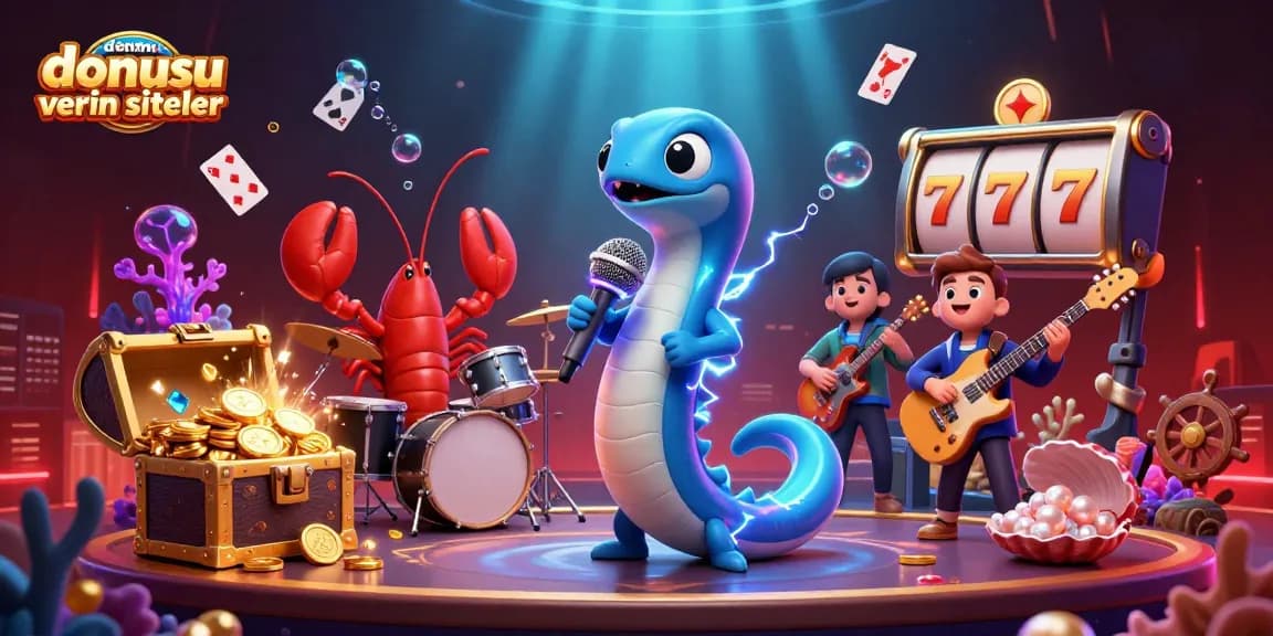 Engage with deneme bonusu veren siteler through this vibrant underwater casino illustration featuring a DJ eel and band.