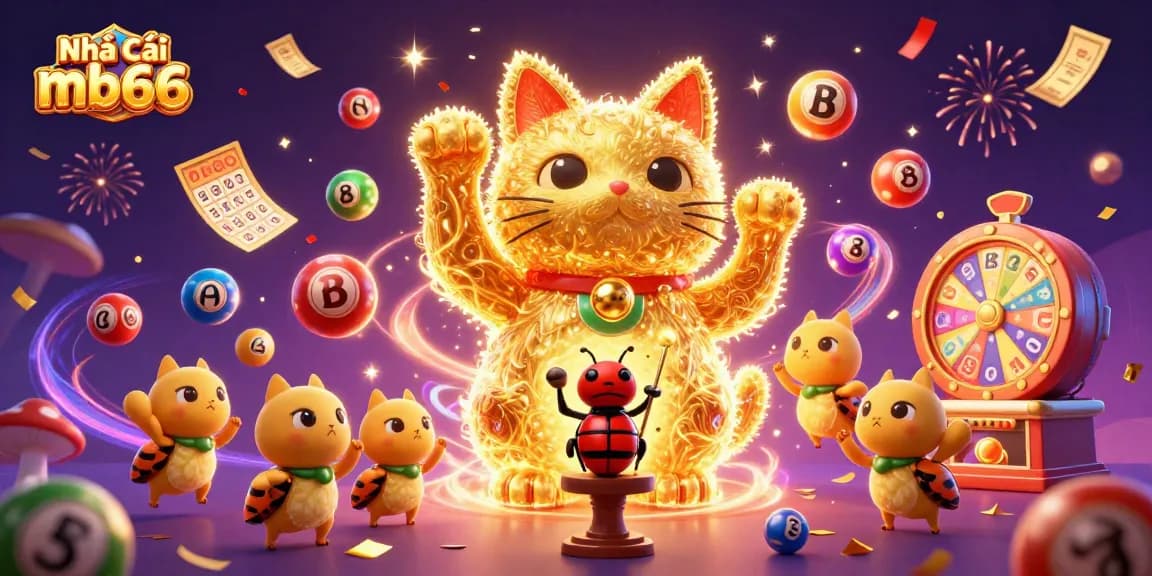 Engage with Nhà cái mb66 as golden fireflies form a lucky cat amidst vibrant casino symbols.