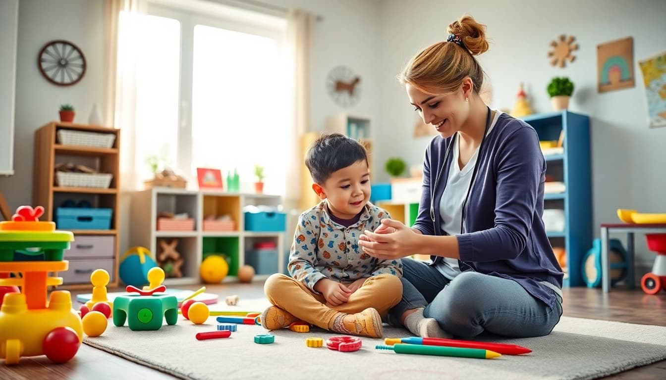 What is ABA therapy being implemented in an engaging session between a therapist and child.