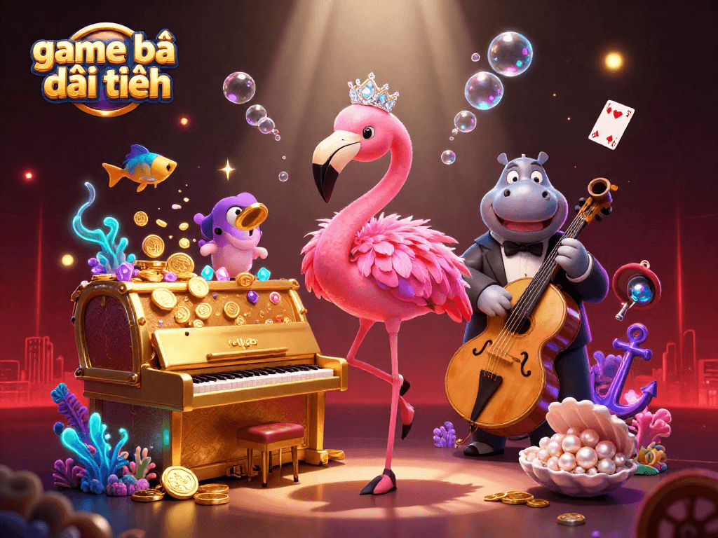 Play game bài đổi thưởng with vibrant casino characters surrounded by treasure and underwater elements.