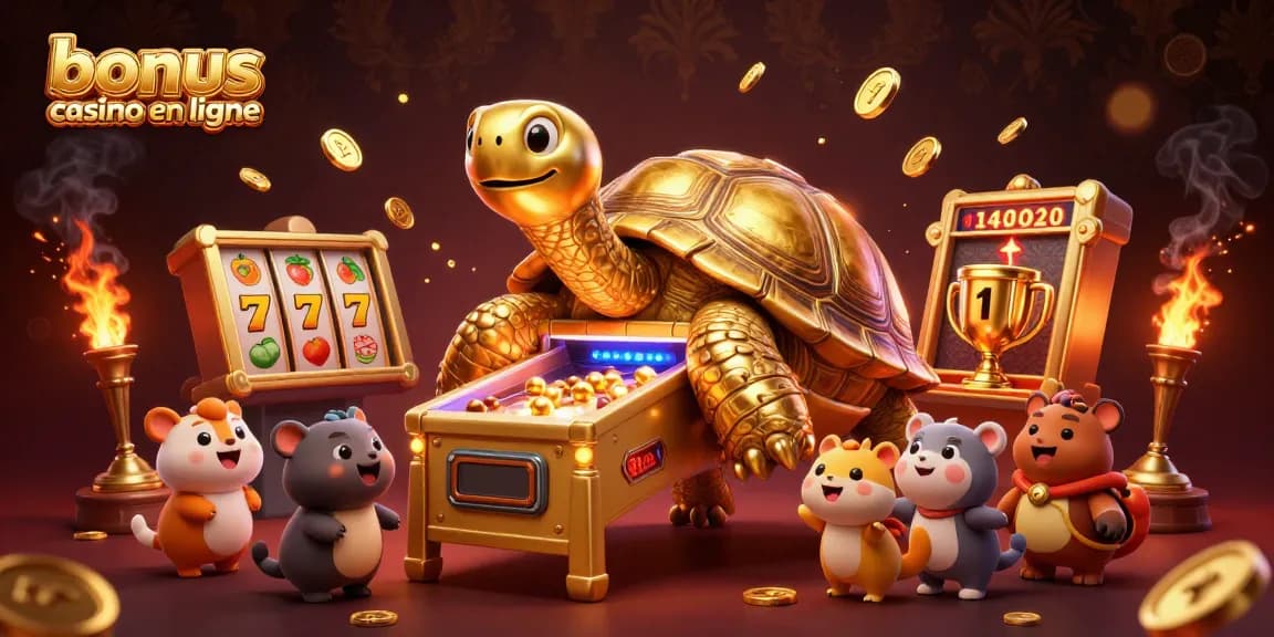 Profitez des bonus casino en ligne avec une tortue géante jouant à des machines à sous entourée de surprises dorées.