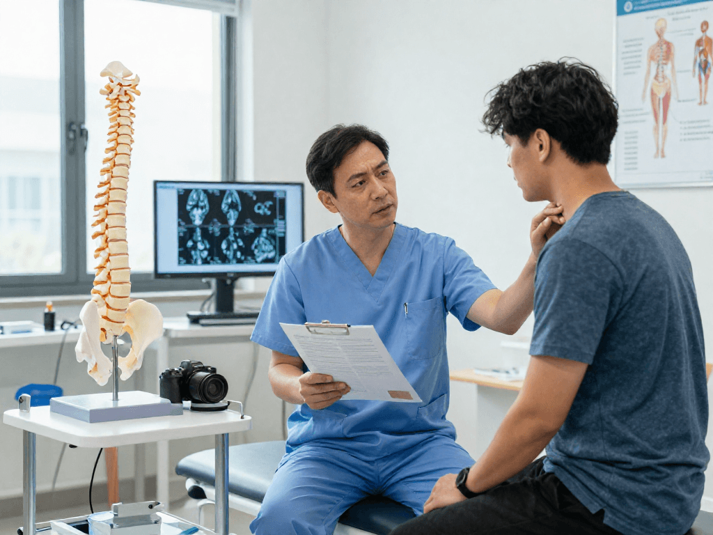 Boyun fıtığı ameliyatı consultation with doctor and patient in a modern clinic.
