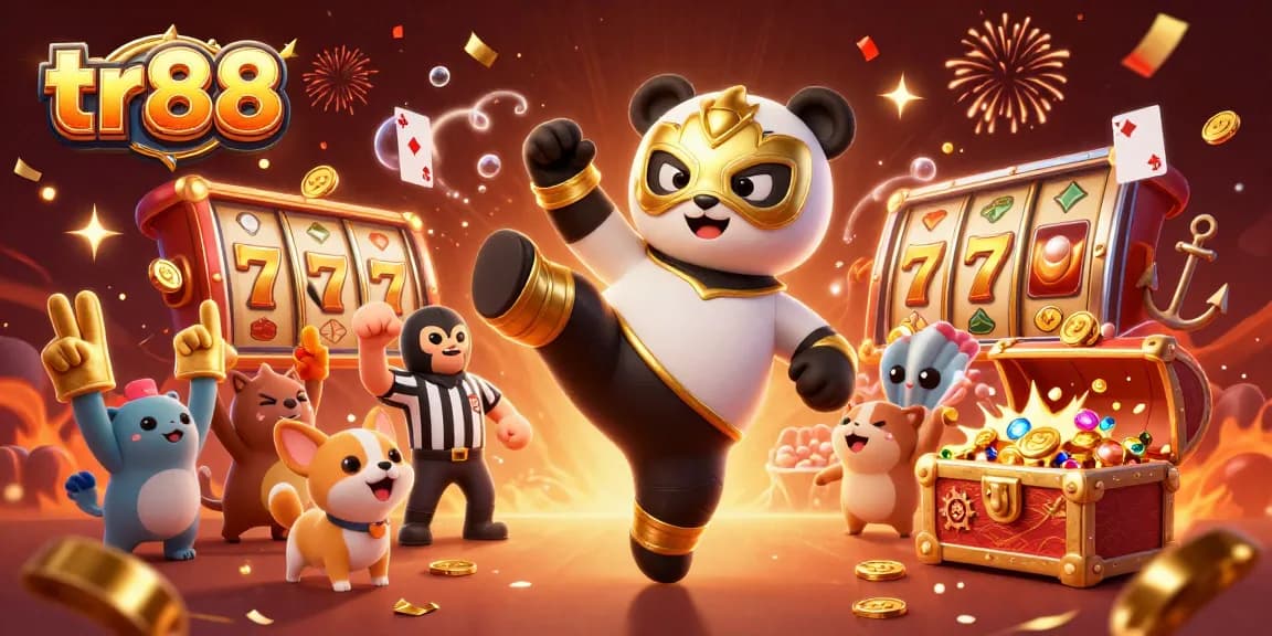 tr88 players enjoy thrilling slot games in a vibrant casino scene with an animated panda wrestler