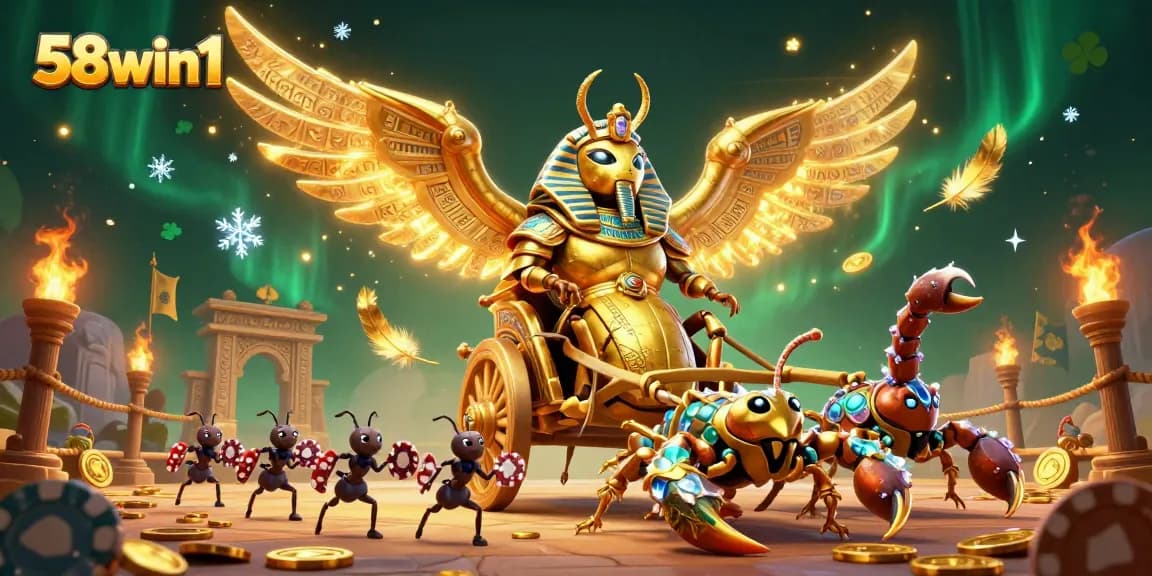 Engage with exciting gameplay at 58win1 featuring a colossal golden scarab beetle and gambling elements.