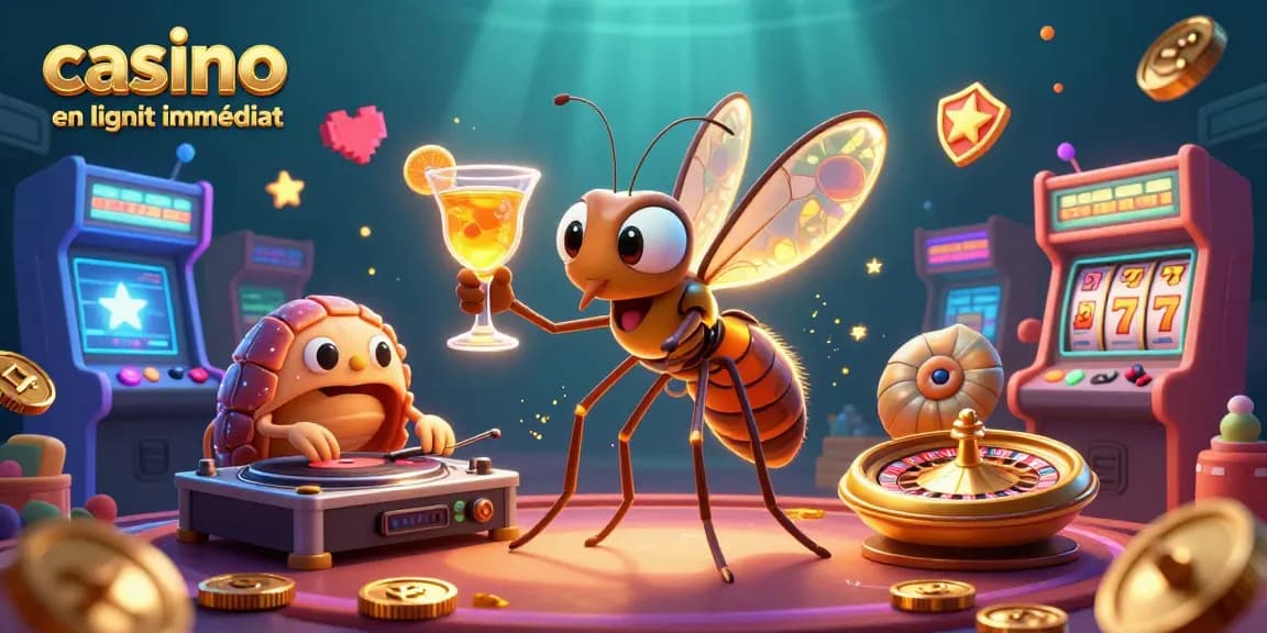 Casino en ligne retrait immédiat, visuel dynamique avec mascotte et machines à sous colorées
