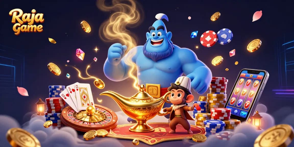 Engage in the exciting world of Raja game with a dynamic illustration of a genie, monkey, and flying carpet surrounded by casino elements.