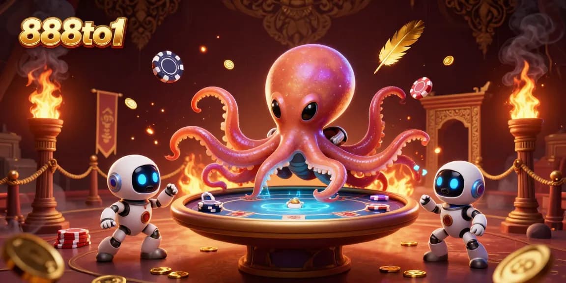 Experience the thrilling universe of 888to1 as an octopus deals poker on a holographic table!