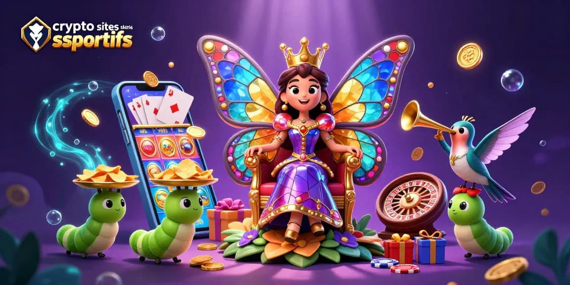 Découvrez les meilleurs sites de paris sportifs en crypto avec la reine papillon et des éléments de jeu colorés.