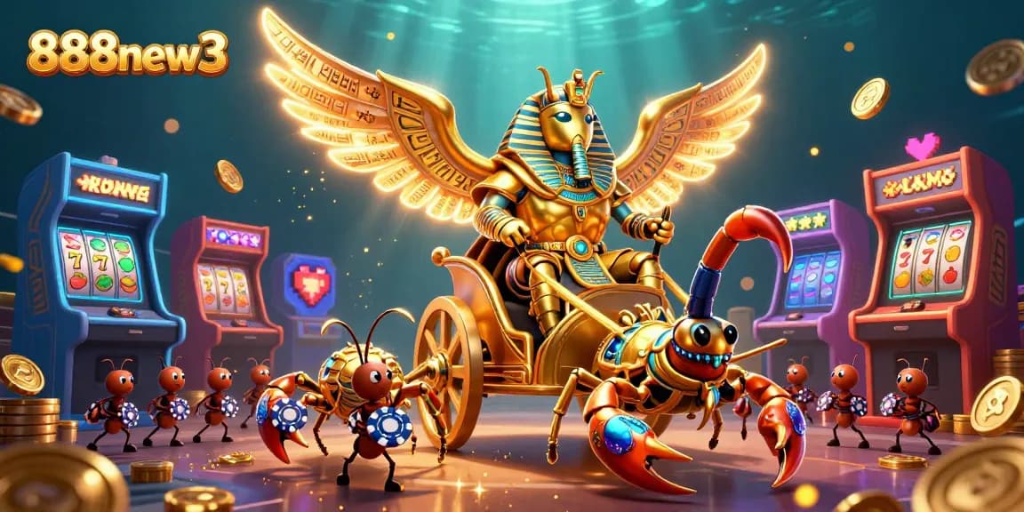 Engage with exciting casino adventures featuring 888new3 with colorful slot reels and golden scarabs.