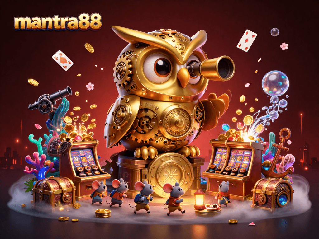 Engage with mantra88 in this vibrant casino illustration featuring a clockwork owl and gold treasures.