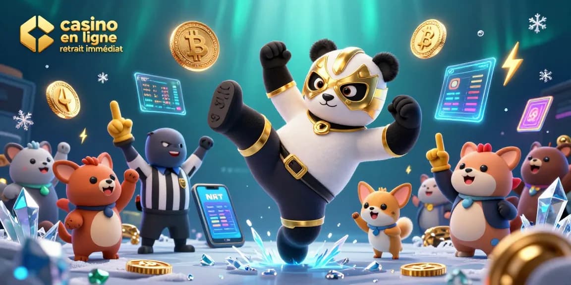 Action casino en ligne retrait immédiat captivant avec un panda lutteur en vol, des pièces de cryptomonnaie scintillantes.