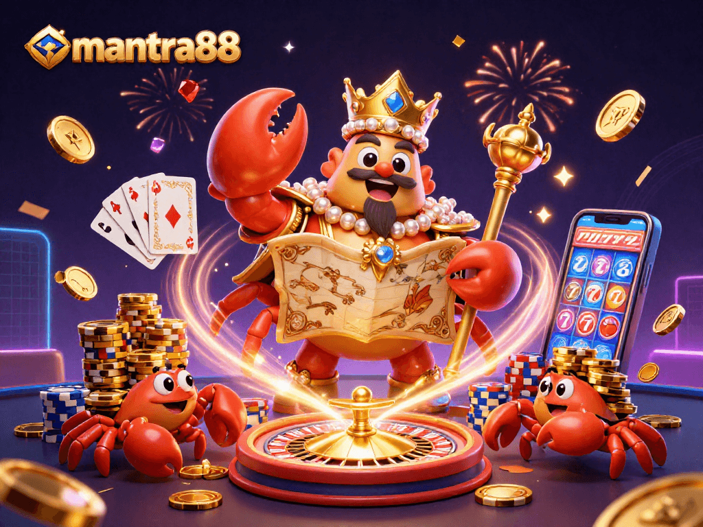 Engage with mantra88's vibrant casino experience featuring a golden crab emperor amidst sparkling treasures.