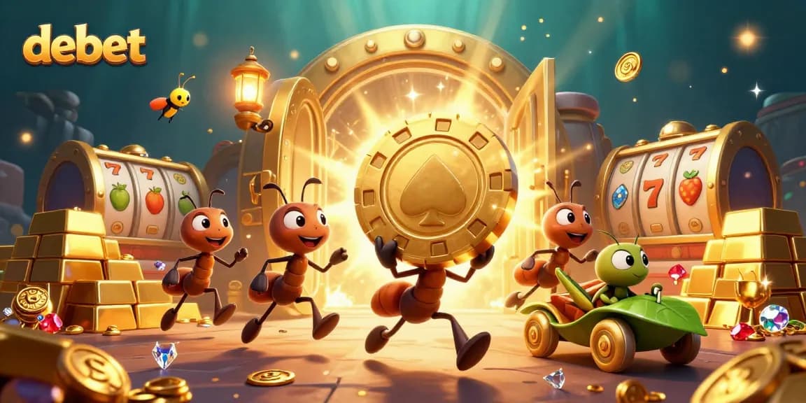 Engaging scene of a heist by ants using a golden poker chip, representing debet's gaming excitement.