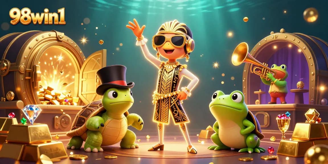 Play thrilling games at 98win1, showcasing vibrant 3D characters and dazzling treasures.