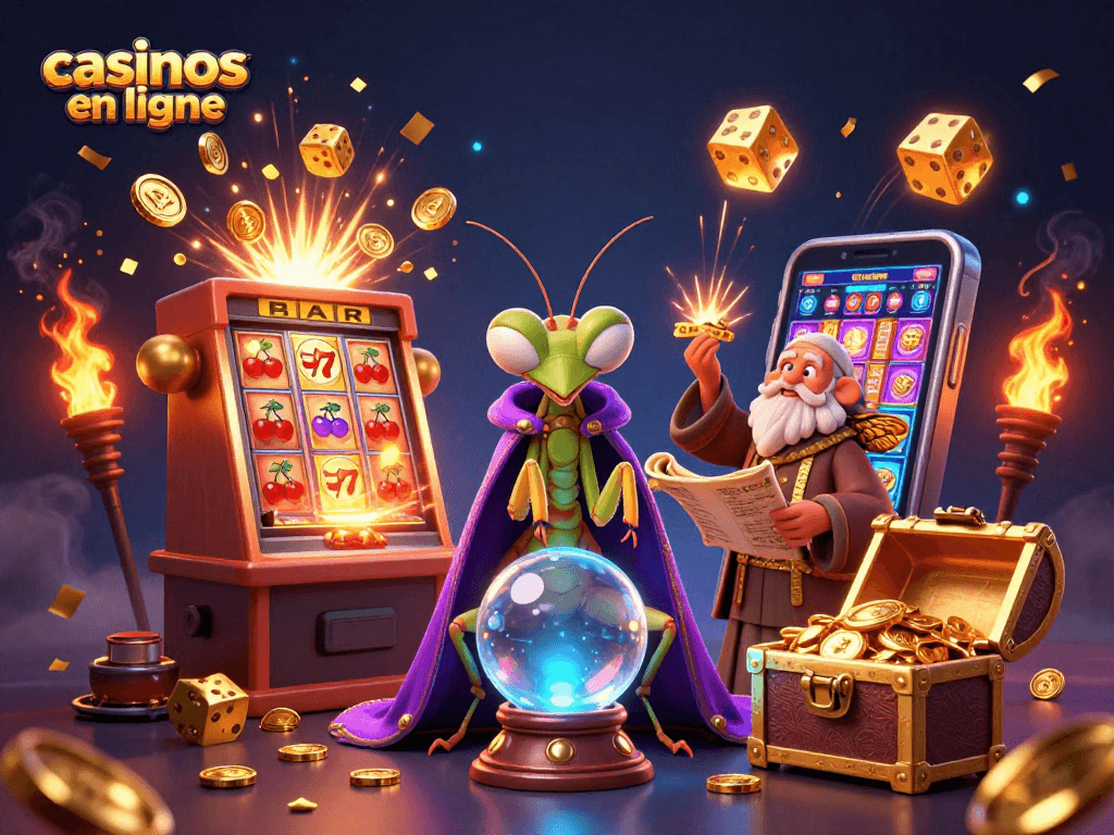 Gagnez aux casinos en ligne avec une illustration immersive de jeux et jackpots éclatants.