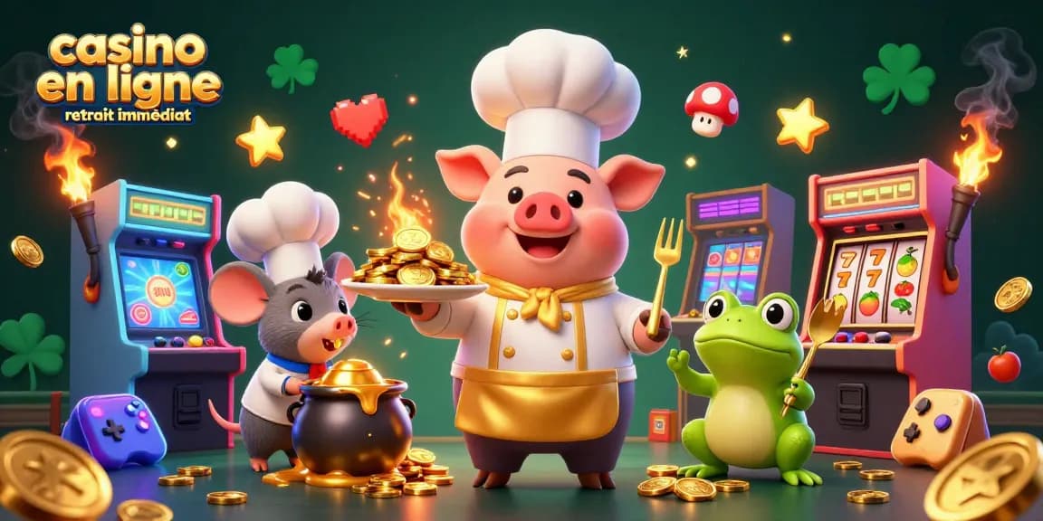 Profitez de l'expérience du casino en ligne retrait immédiat avec un chef pig et un critique dégustant des pièces d'or.