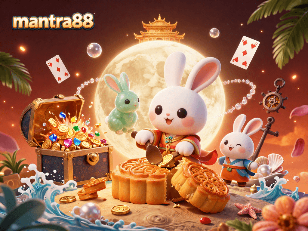 Experience excitement with mantra88 as you see a moon rabbit playing with poker chip-filled mooncakes.