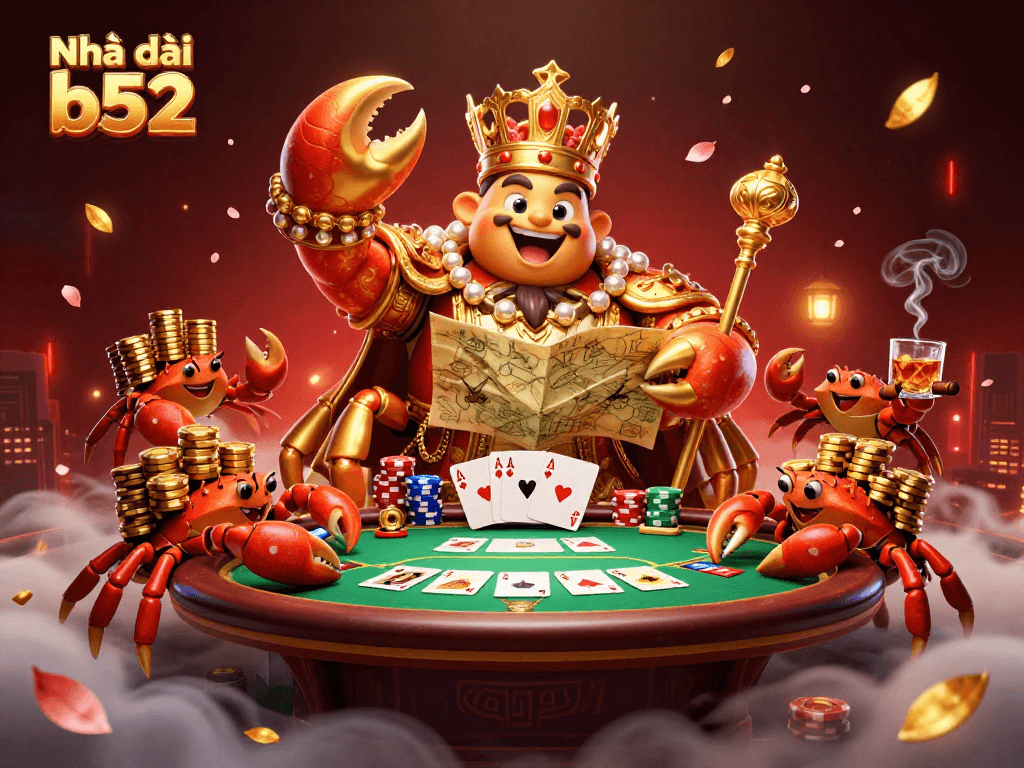 Experience the excitement of Nhà cái b52 with a golden crab emperor and poker elements in a dynamic casino scene.