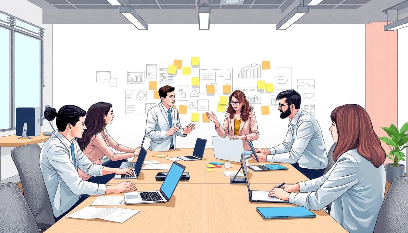 Engaged team discussing Brand Marketing Services Melaka strategies in a modern office.