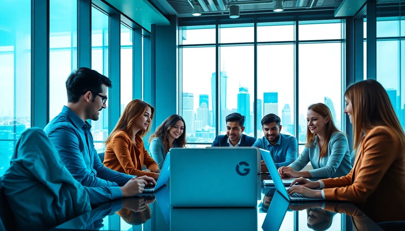 Collaborative team of a digital marketing agency Australia brainstorming in a modern office.