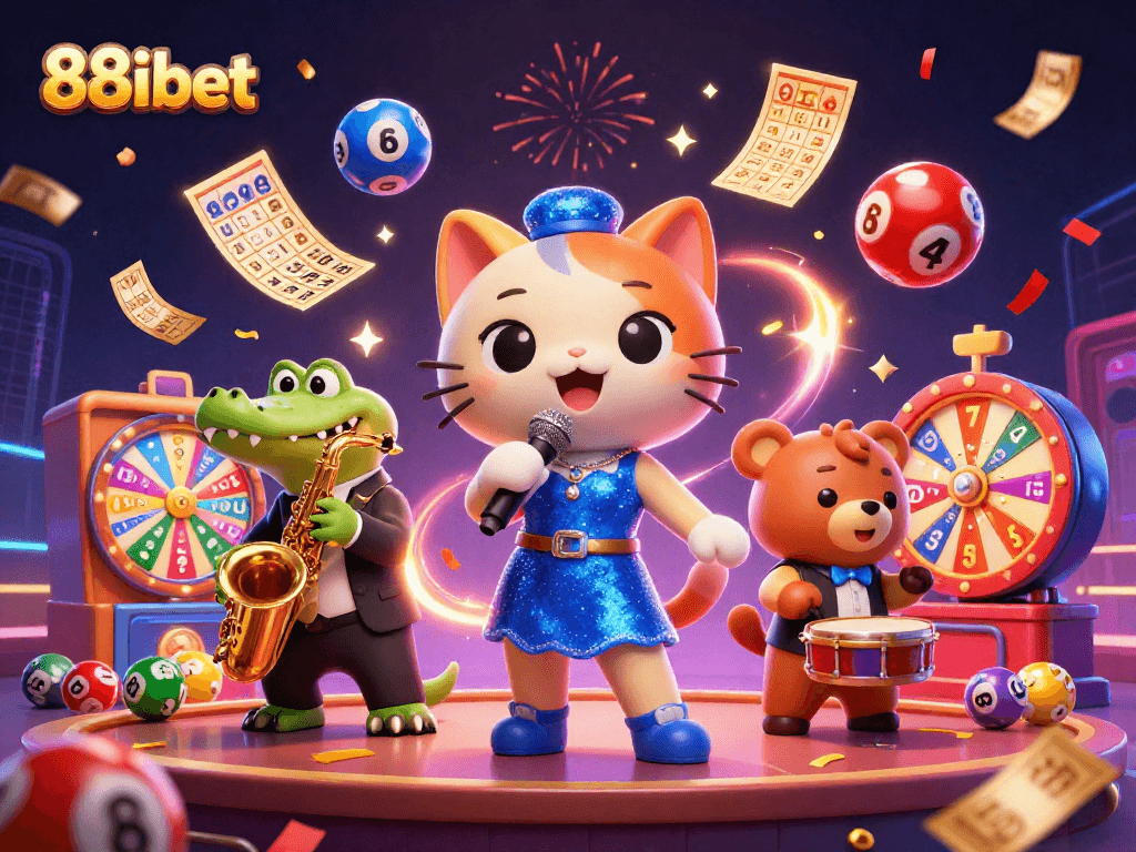 88ibet brings excitement to life as lottery balls bounce around a lively casino scene.