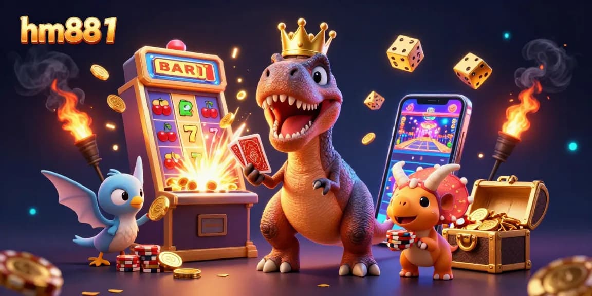 Engaging illustration of hm88 1, showcasing a T-Rex shuffling cards with vibrant casino elements around.