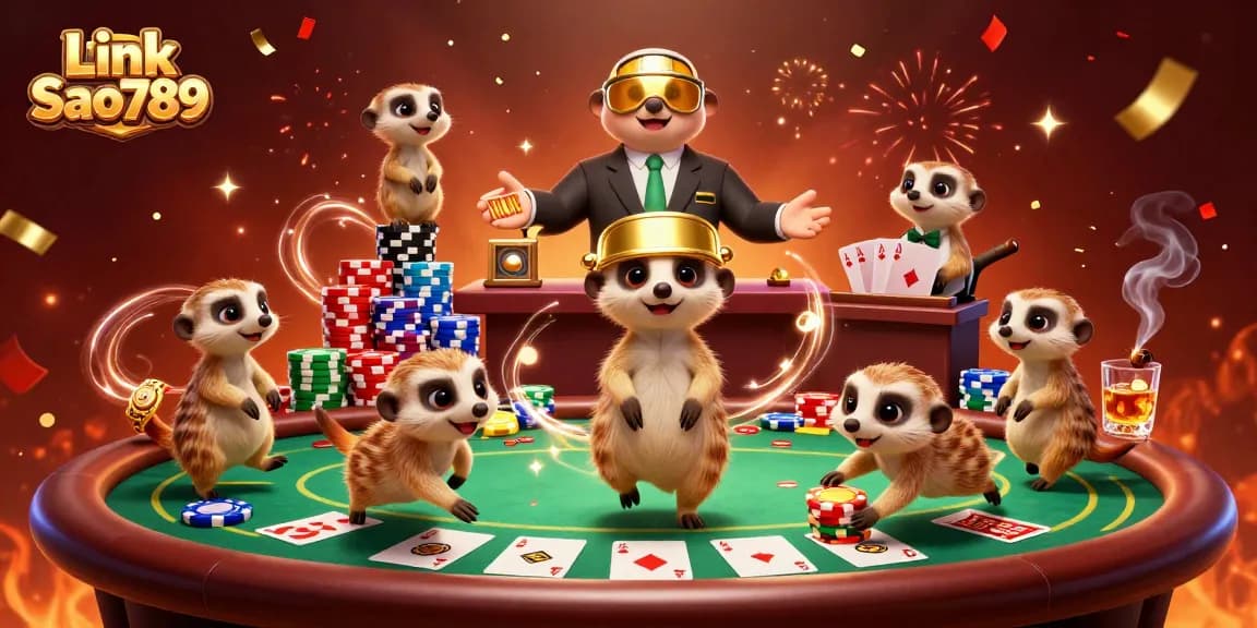 Experience thrilling gameplay at Link Sao789 with lively meerkats operating a vibrant casino scene.