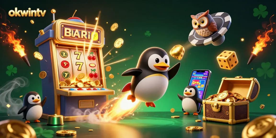 Experience action-packed gaming at OKWINTV with a golden penguin racing to a casino space station amidst coins and jackpots.