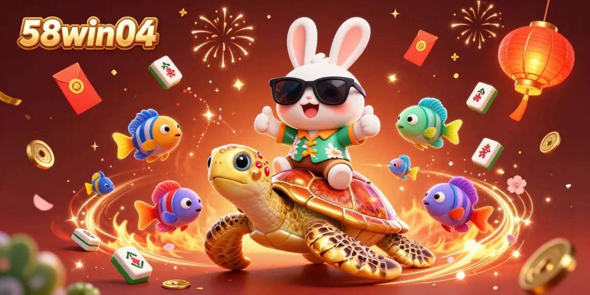 Experience excitement at 58win04 with this vibrant casino adventure illustration featuring a playful rabbit and turtle.