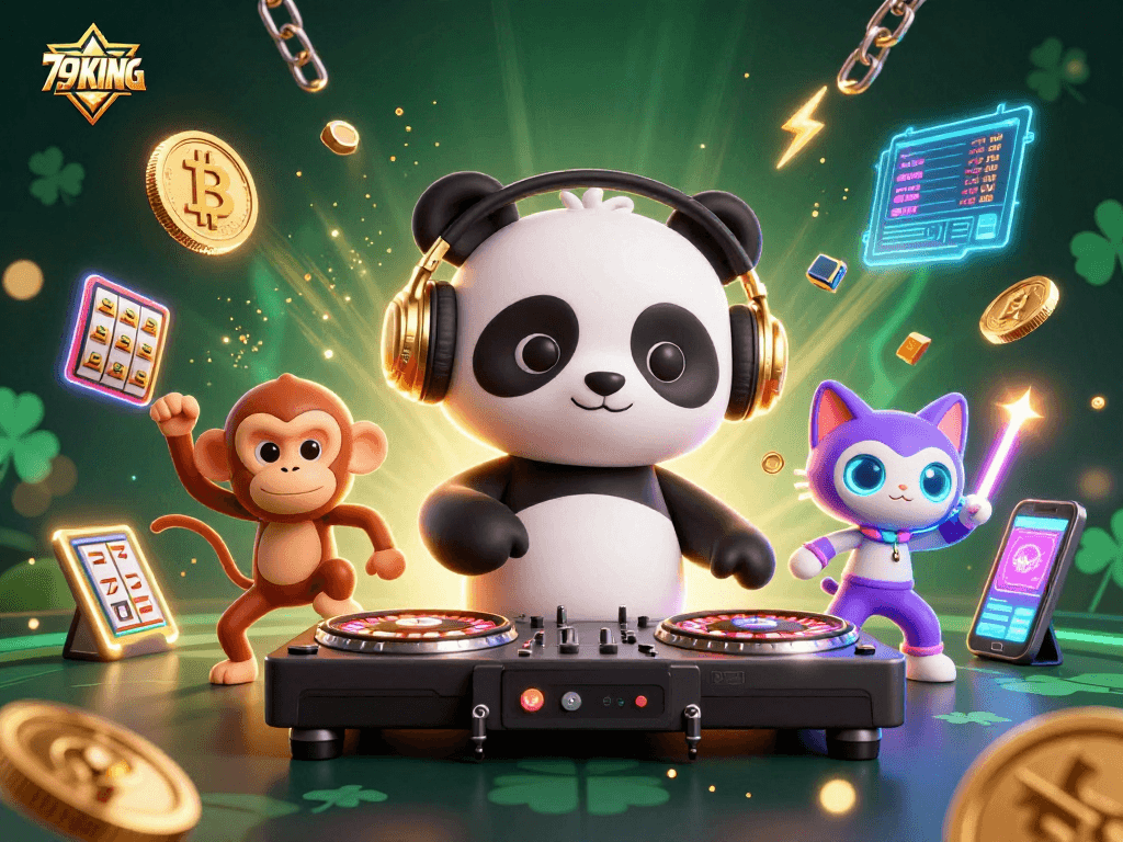 Experience thrilling games at 79KING with lively characters dancing through a vibrant casino scene.