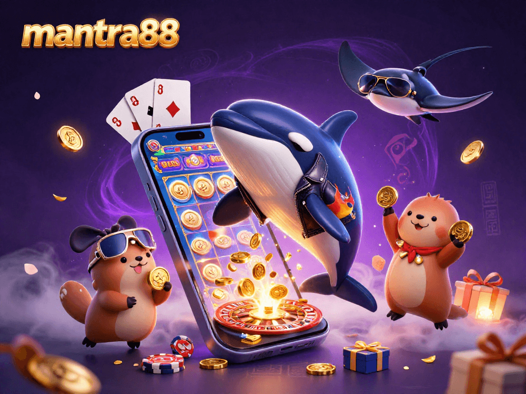 Experience the thrill of mantra88 with vibrant characters and casino elements in this energetic illustration.