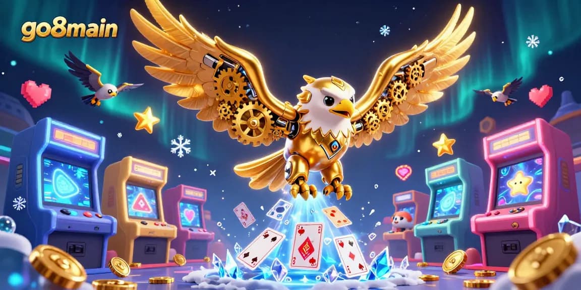 Dynamic gaming action at go8main with cybernetic eagle navigating holographic cards and vibrant arcade elements.