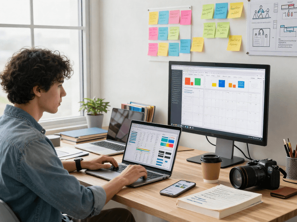 Professional analyzing social media performance while feeling a crush on innovative marketing strategies.