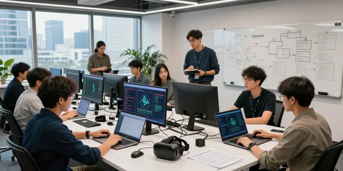 Developers at work using PulseChain Bridge technology in a modern office.