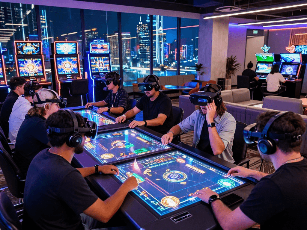 Exciting crypto casino gaming scene with diverse players immersed in futuristic digital gameplay.