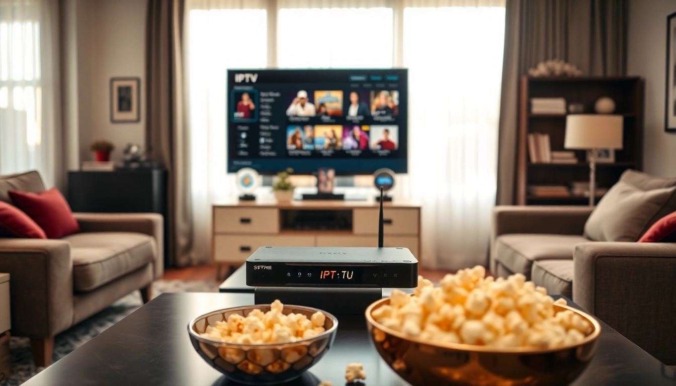Experience FREE IPTV Trial on sleek TV setup showing various channels in a modern living room.