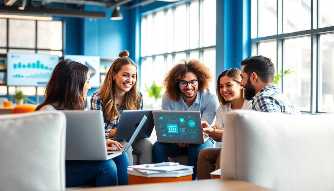 Shopify experts collaborating in a dynamic digital marketing workspace.