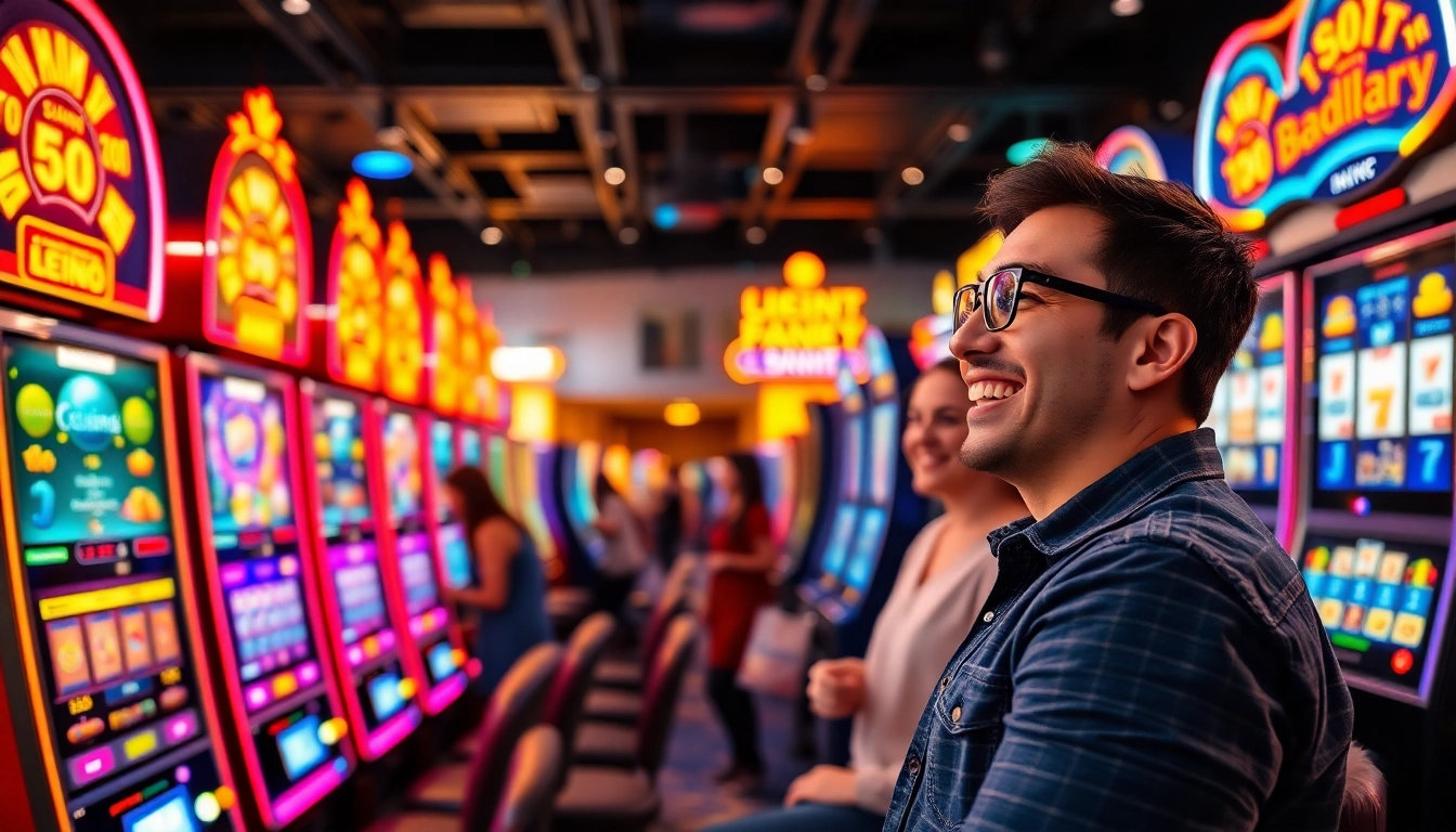 Excited player engaging with bright slot gambling machines in a lively casino environment.