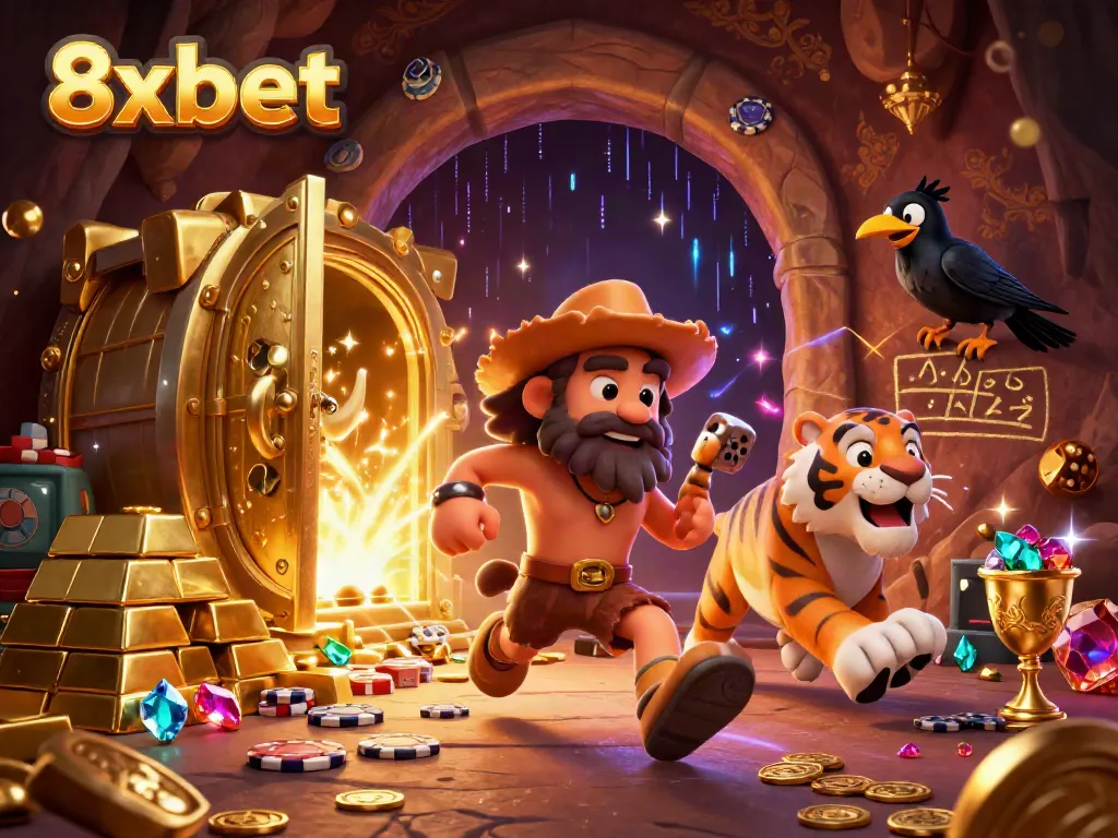 Engage in thrilling casino games at 8xbet with dynamic 3D caveman and tiger characters amidst gold treasures.
