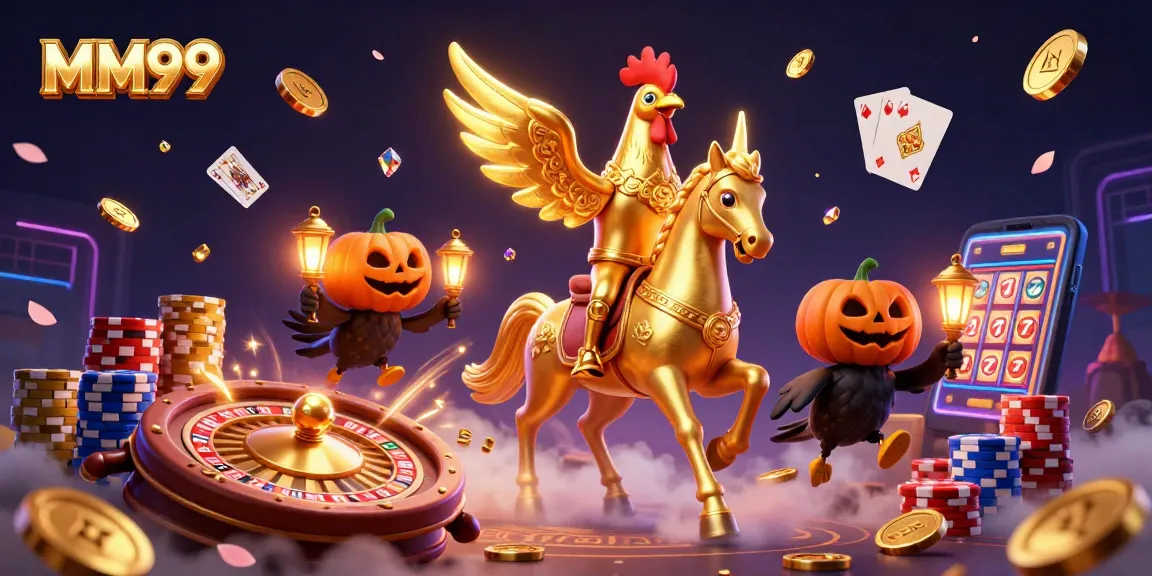 Experience the excitement of MM99 in a vibrant 3D casino scene filled with golden treasures and interactive elements.