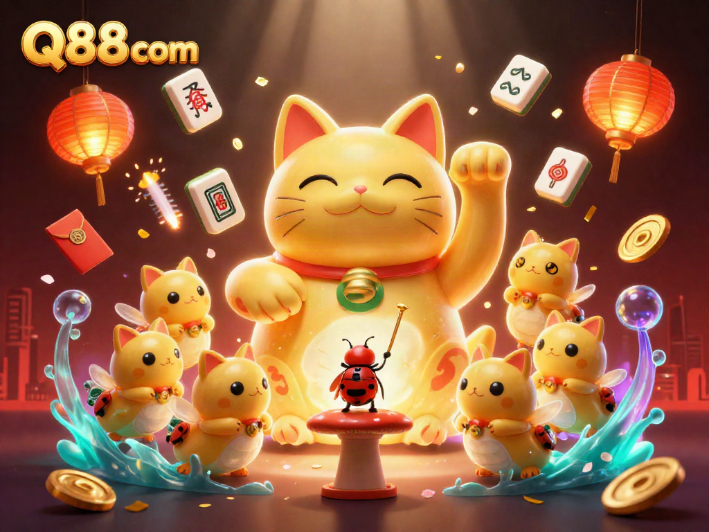 Engage with Q88 com through vibrant 3D casino illustration showcasing a magical lucky cat and festive motifs.