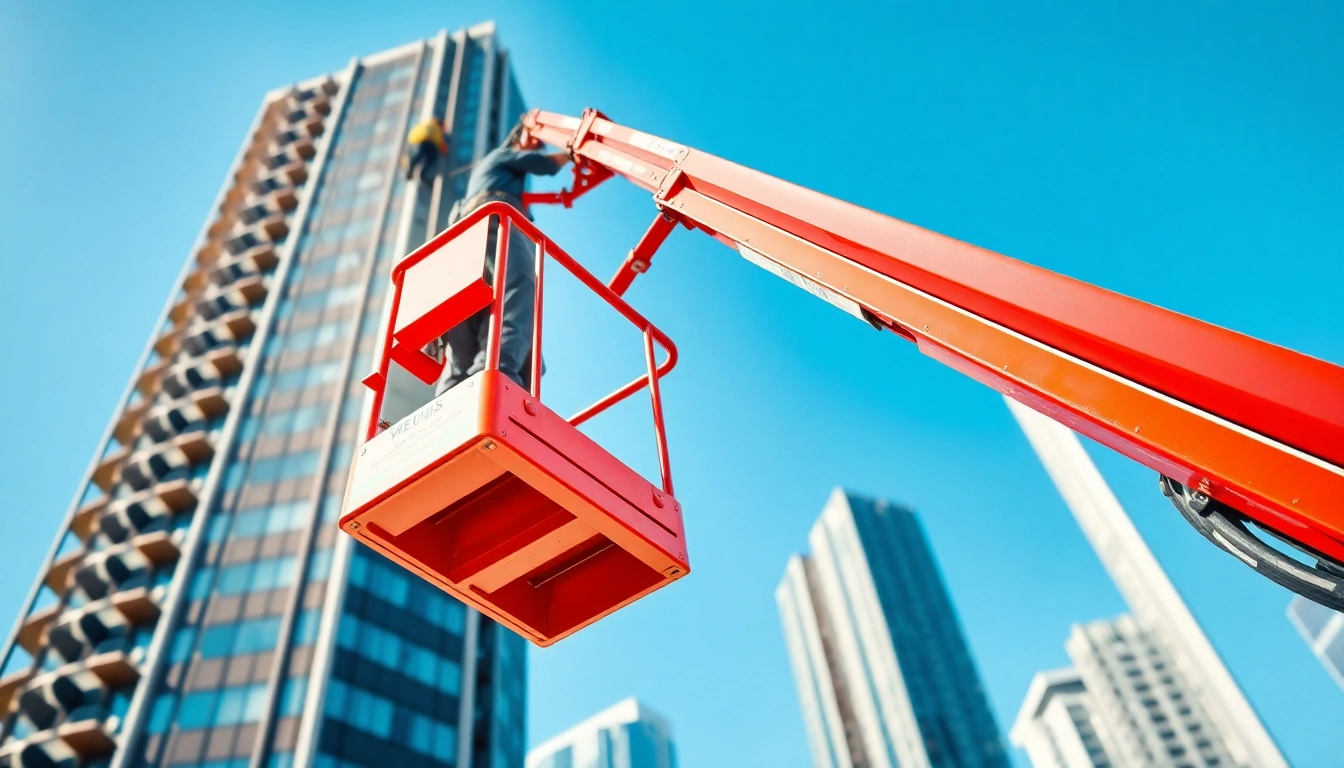 Operator using a cherry picker to reach high building maintenance areas.