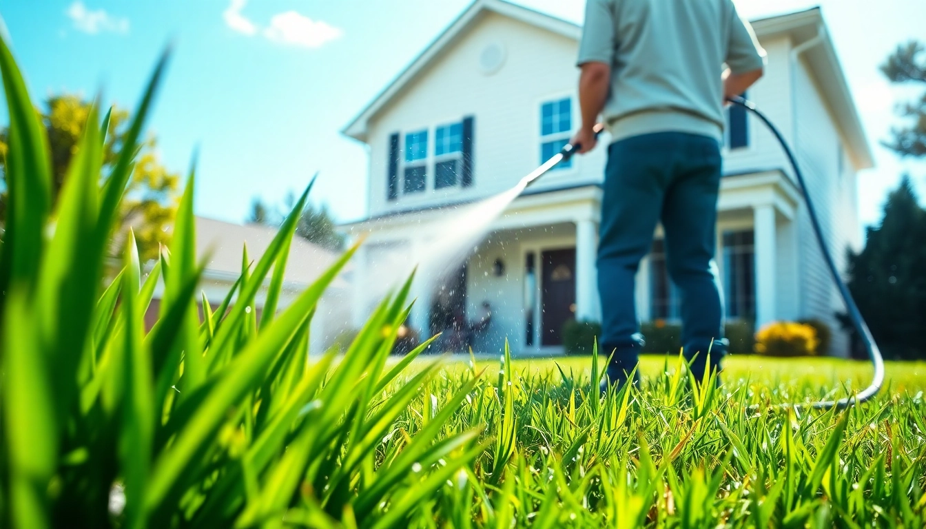 House Washing service professional cleaning a two-story home with a pressure washer.