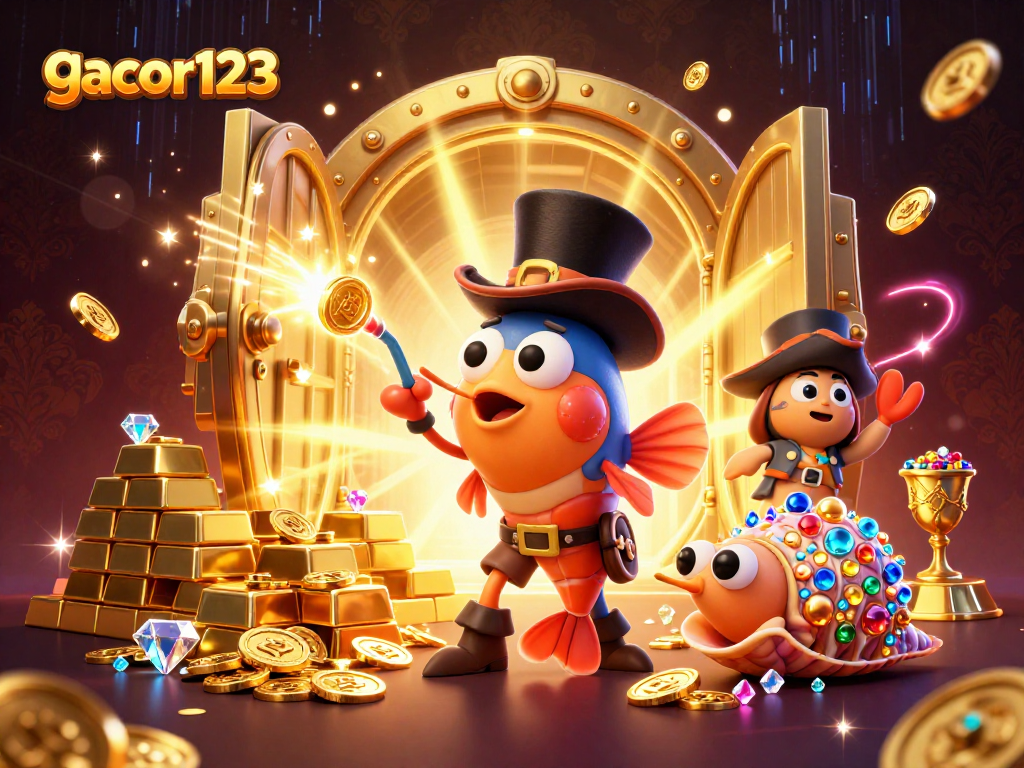 Experience gacor123 thrills with a deep-sea anglerfish and friends surrounded by golden treasures.