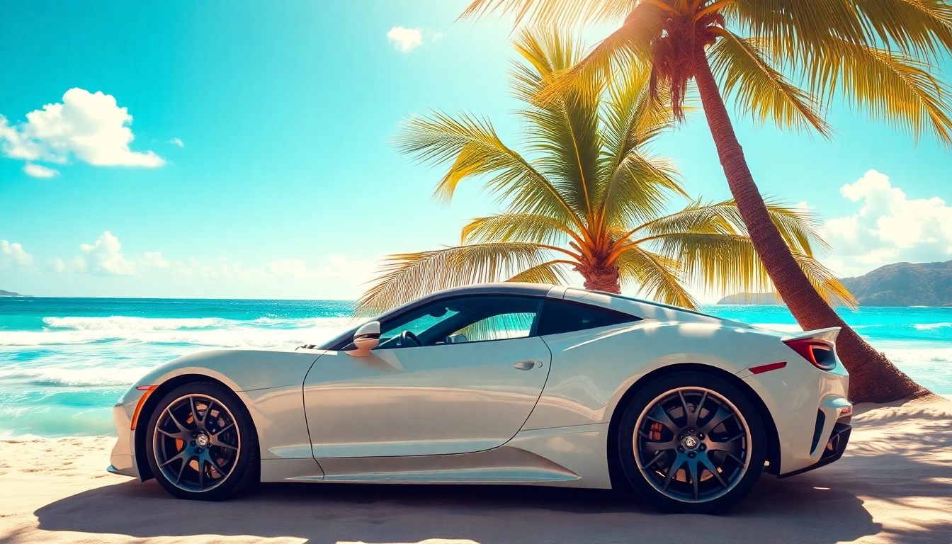 Experience rent a car st barth with a stunning sports car on a beautiful beach.