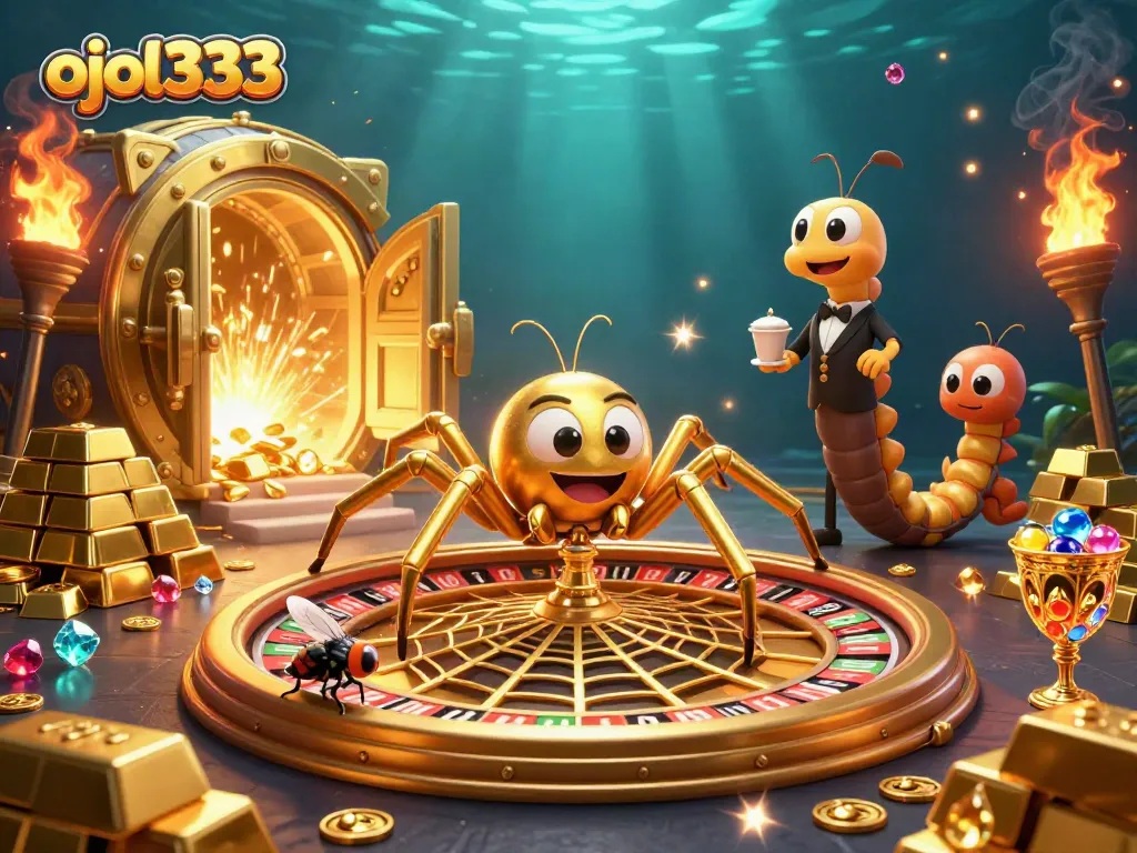 Engage in thrilling games at ojol333 with a 3D golden spider spinning a roulette wheel web.