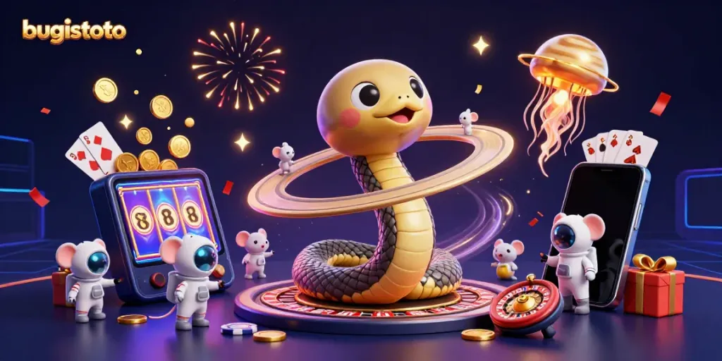 Experience the thrill of bugistoto with buzzing cosmic gaming action in this vibrant illustration.